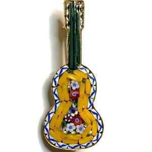 Vintage Italian Micro Mosaic Guitar Brooch Pin 1-3/4" Long